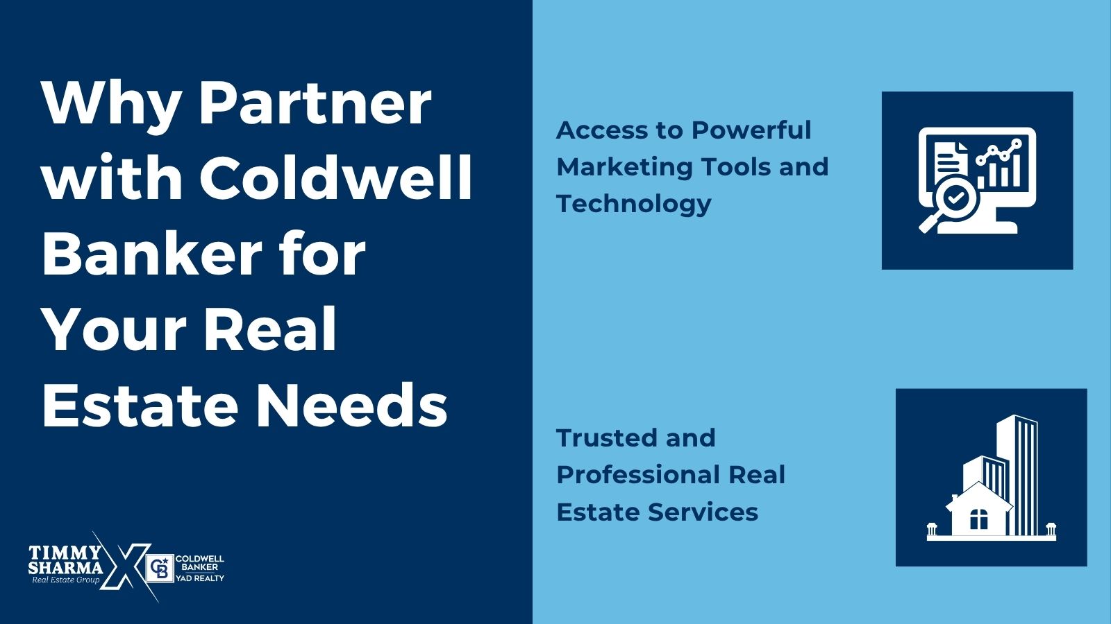Graphic by Timmy Sharma Real Estate Group showing the benefits of partnering with Coldwell Banker, including access to marketing tools and trusted real estate services.